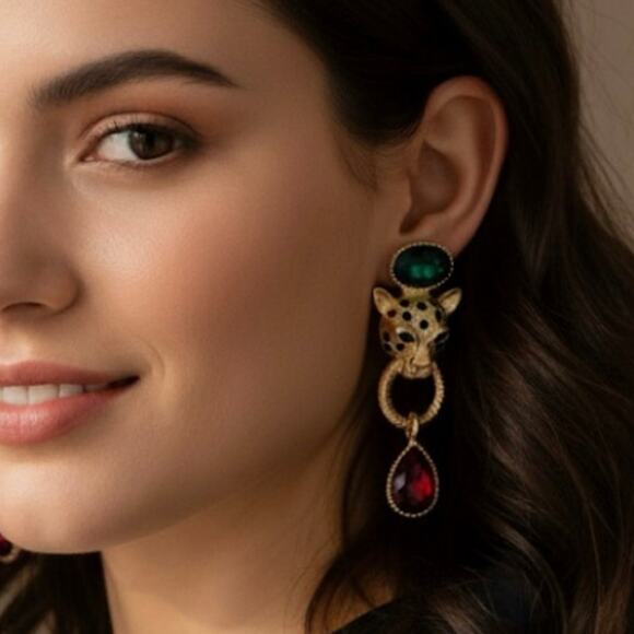 CHIC Goddess Lioness Gold Statement Earrings Drop Dangle - Picture 2 of 6